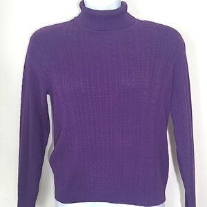 Wainscott Fisherman Sweater M Purple Aran Cable Knit Turtleneck 100% Cotton